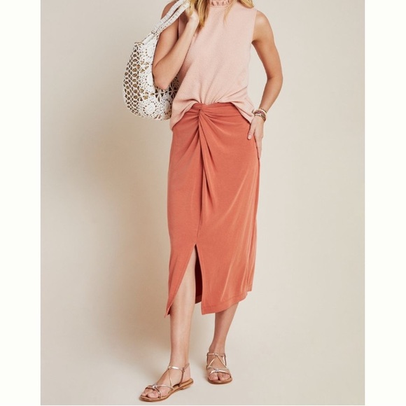 Anthropologie Dresses & Skirts - Anthropologie NWT Junie Midi Skirt Terra Cotta Stretchy Jersey Knit Twist Wrap